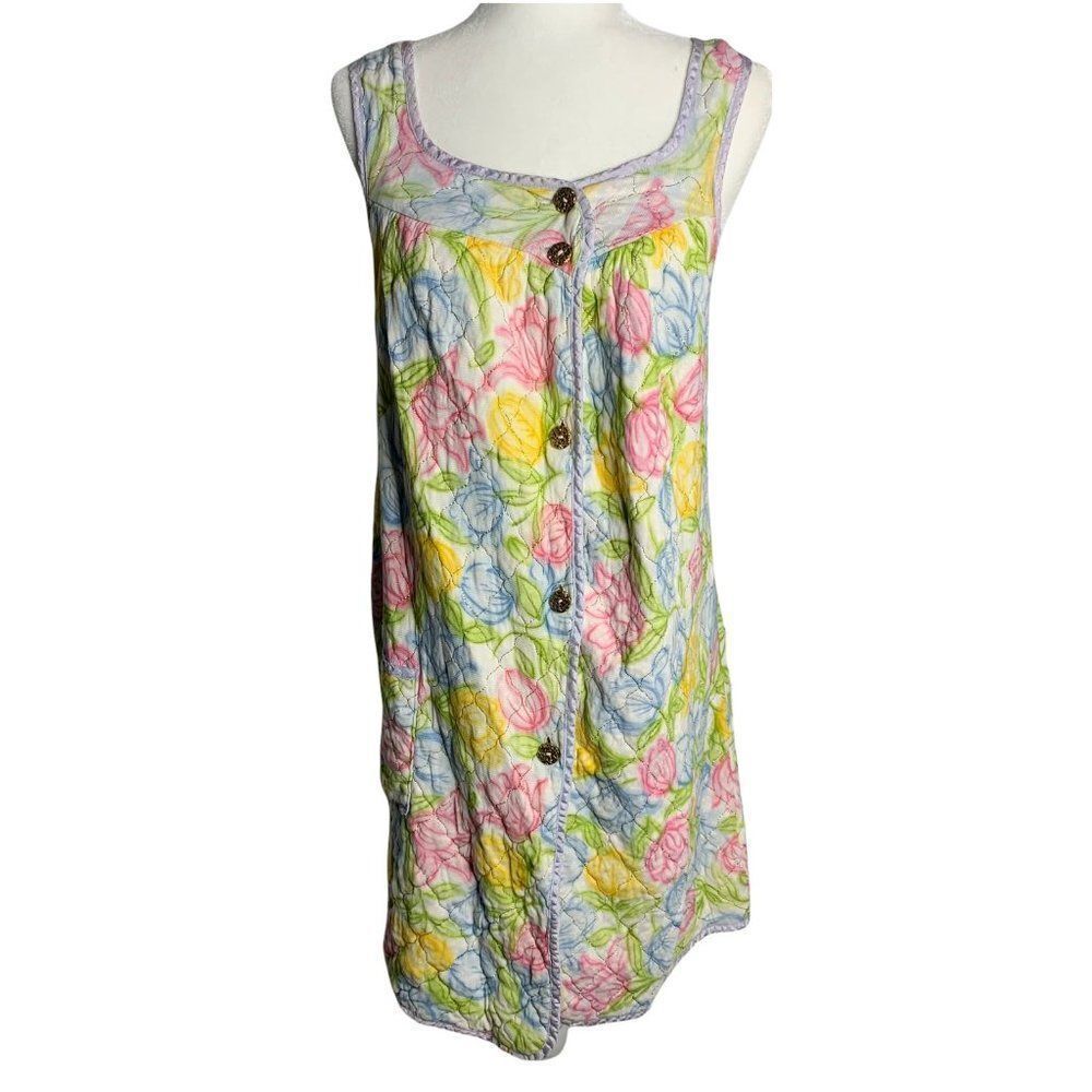 Vintage Quilted House Dress Robe S Multicolor Floral Sleeveless Buttons Pocket